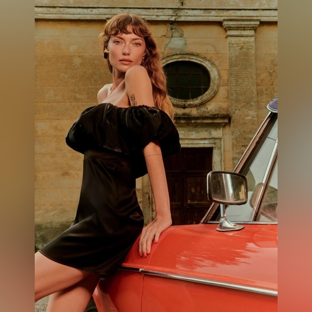 REFORMATION Alber Black Satin Off The Shoulder Mini Cocktail Dress M - Picture 11 of 11